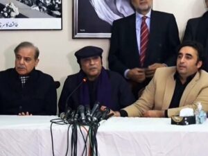 pml n president shehbaz sharif r ppp co chairman asif ali zardari and ppp chairman bilawal bhutto zardari responding to media queries at zardari house in islamabad on february 21 2024 screengrab