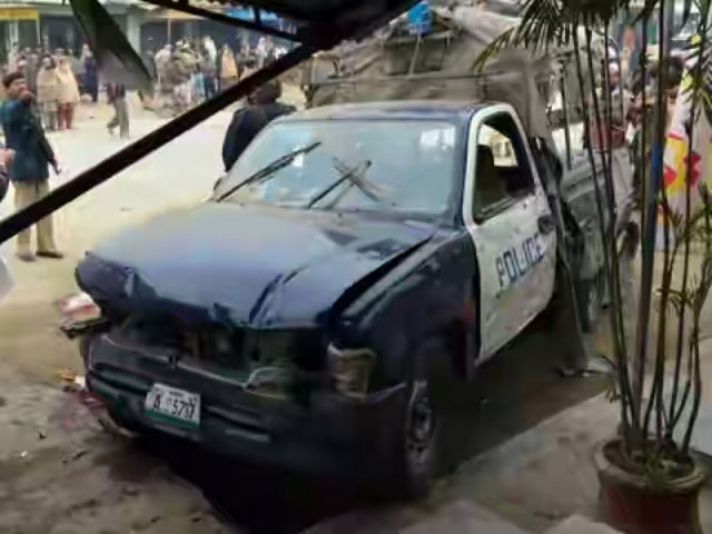 photo shows a damaged police mobile within the jurisdiction of mathra police station on sunday photo express